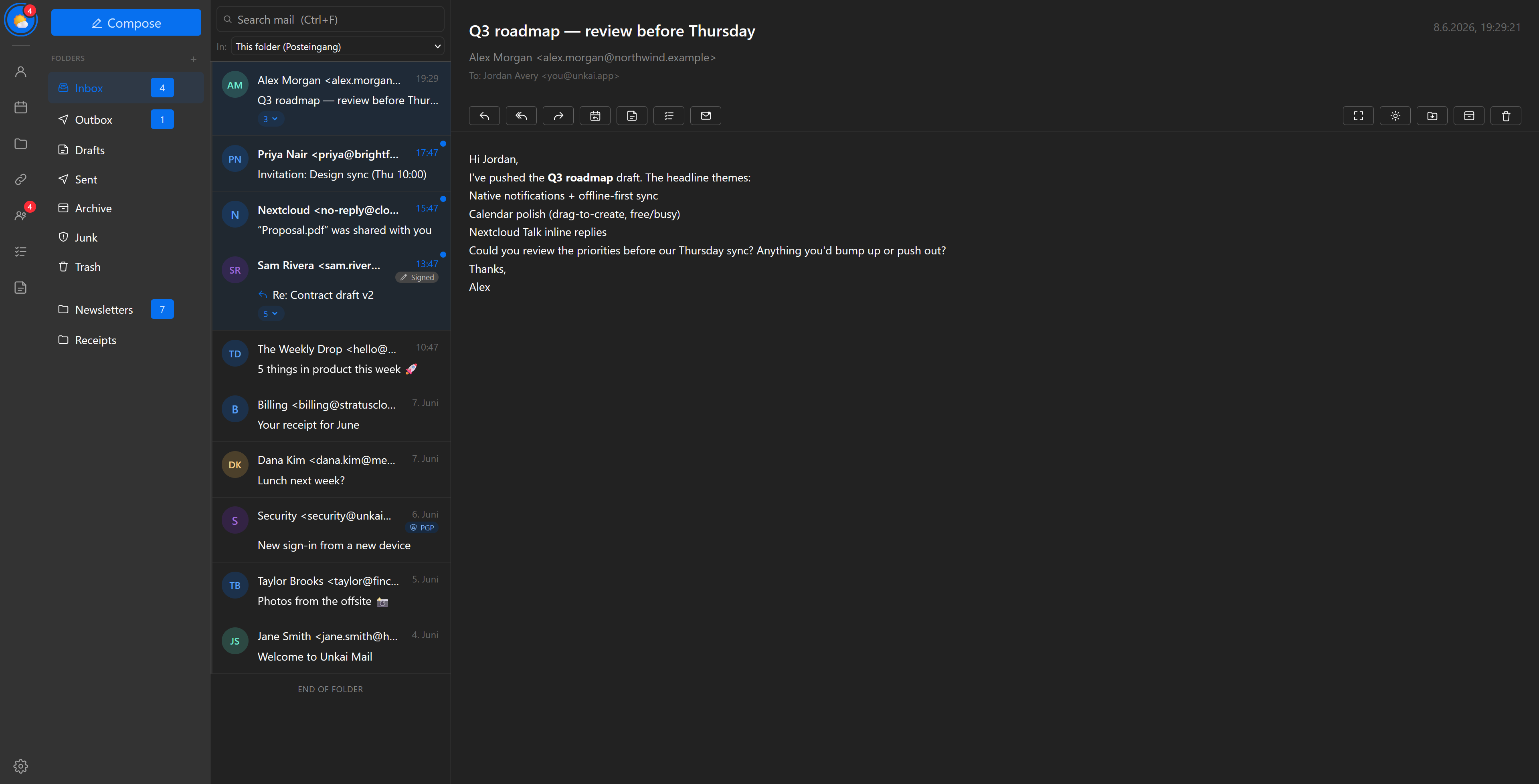 Unkai Mail showing a Nextcloud-integrated inbox
